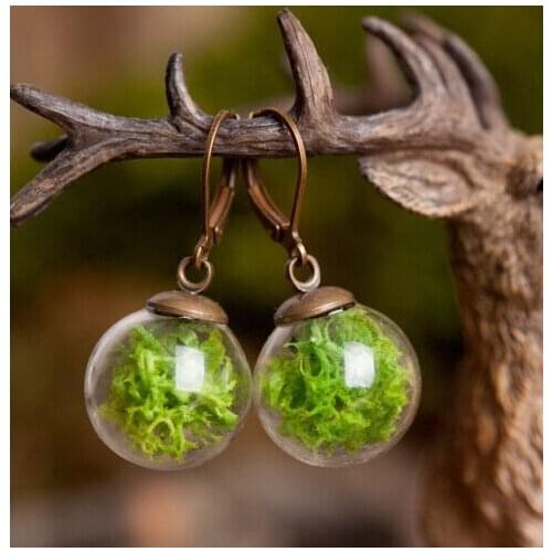 20pcs Fairy green moss handmade dangle earrings glass globe glass bubble antique bronze earrings 16mm ball (finished earring)