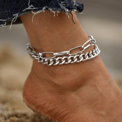 2021 Summer New Cuban Link Chain Anklets for Women Fashion Silver Color Chunky Charm Leg Bracelet Anklet Set Party Accessories