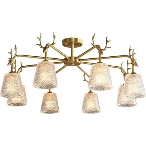 American Vintage Chandelier Lighting Luxury Classic Interior Decor Glass Hanging Lamp Creative All Copper Antlers Luminaire E14