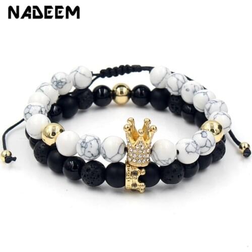 CZ Crown Charms Stone Beads Men Couple Bracelets Jewelry For Women 2Pcs/Set Bangles Sets Masculina Bileklik Pulseira Feminina