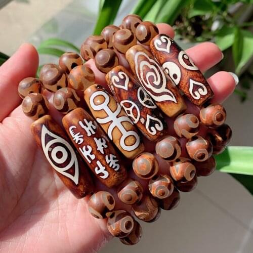 Energy Natural Tibetan Dzi Agates Bracelets Ancient Coin Guanyin Charm Three Eyed Coffee Agat Beaded Strand Bracelet Healing