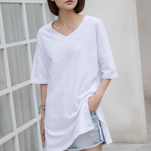 Cotton 100% White Women T-Shirts Summer New 2021 V-Neck Loose Straight Casual All Match Female Pulls Tops Tees