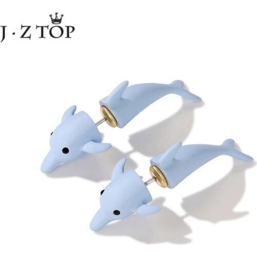 JZTOP Creativity Double Sided Ear Studs Earrings Pink Blue Dolphin Animal Ear Studs Punk Parties Fashion Jewelry