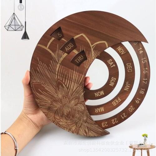 Creative Wooden Sun Moon Adjustab Perpetual Wall Calendar Rotatable Circular DIY Hand-Carved Calendar Retro Aesthetic Home Decor