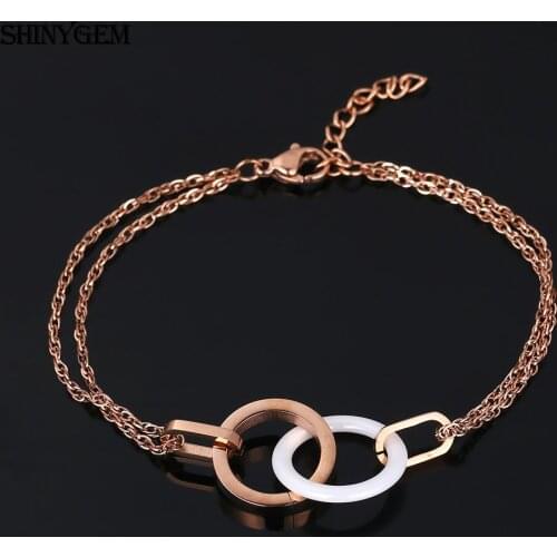 ShinyGem Fashion Stainless Steel Ceramics Bangles Adjustable Rose Gold Chain Charm Double Ring Pottery Bracelets For Women Girl