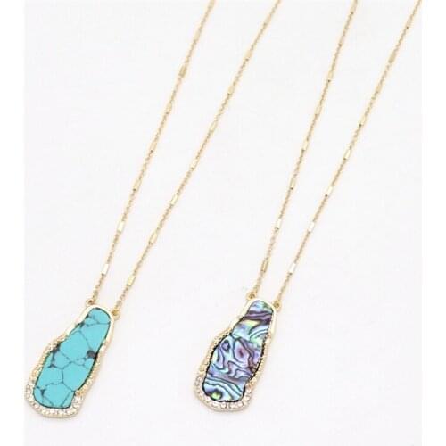 Fashion Green howlite Stone Abalone Shell Pendant Gold Color Long Chain Sweater Necklace Geometric Body Jewelry