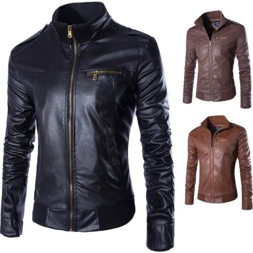 Mens Leather Trend Stand Collar Fashion Slim Cross Border Mens Leather Coat