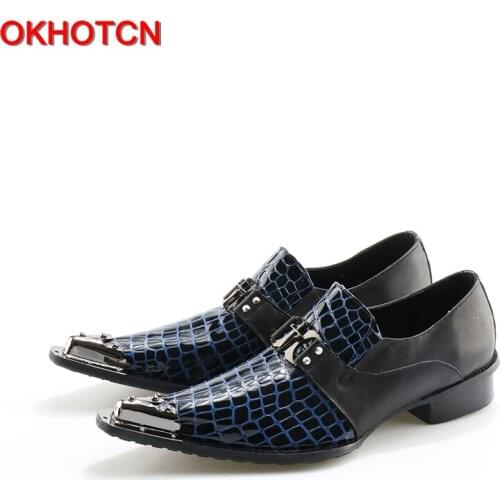 Italian Leather Mens Dress Shoes Striped Metal Pointed Toe Chaussure Homme Luxury Male Formal Party Flats Shoes Big Size 46