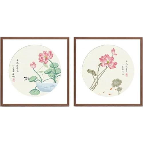 Chinese Painting of Lotus Stamped Cross Stitch Kit, 19.7" x 19.7"