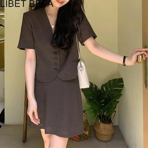 New 2021 Summer Women Sets 2 Piece Matching Mini Skirt Korean Style Vintage Casual Buttons Fashional Wild Lady Suits WS3355+6285