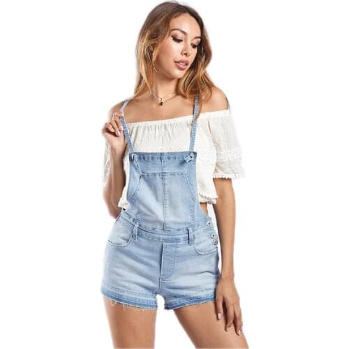 High Waisted Solid Denim Romper Shorts in Light Blue 3SZ60208