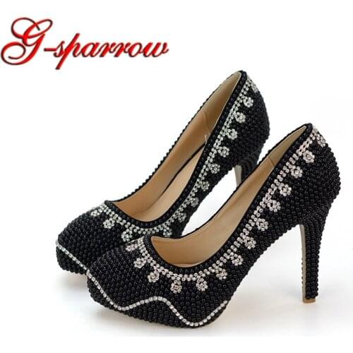 2018 Wholesale Black Pearl Bridesmaid Shoes Wedding Gown High Heels 11cm Platform Thin Heel Bridal Dress Shoes Prom Event Shoes