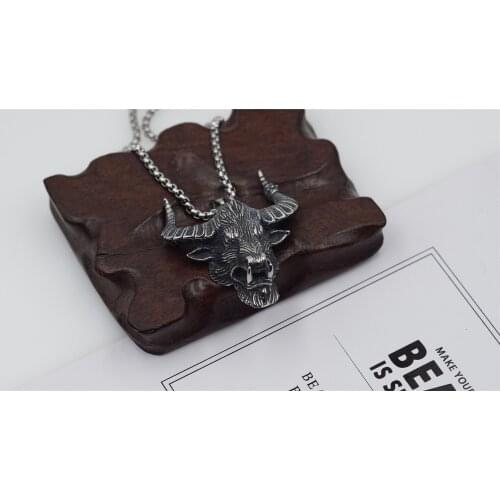 Antique Silver Bull Head Pendant Necklace Gothic Jewelry