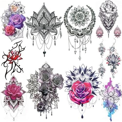 Fake Jewelry Temporary Tattoos Sticker For Women Large Rose Mehndi Flower Tattoo Watercolor Lotus Mandala Pendants Tatoos Chest