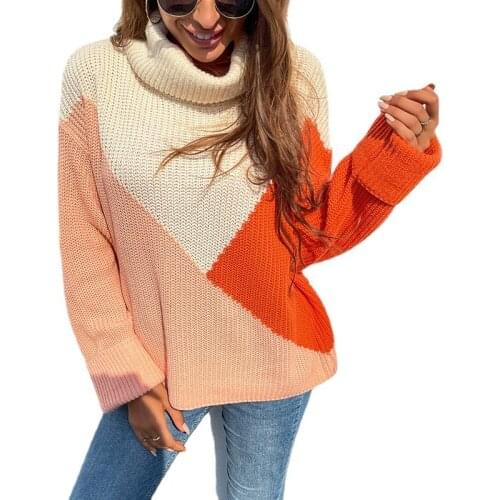 Autumn Winte Contrast Pullover Sweater Women Turtleneck Pullover Long Sleeve Loose Knitted Sweater Tops For Women