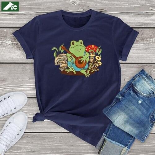 Kawaii Mushroom Frog Shirt Women Clothing Cartoon Cottagecore Tops Cotton Funny Aesthetic Shirts Unisex Women Short Sleeve Tees