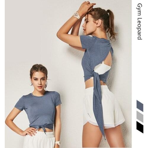 Running Sports T shirt Womens short sleeved Quick dry Split Tie Lace Design Fitness Top T-shirt Slim fit Yoga shirt Crop top