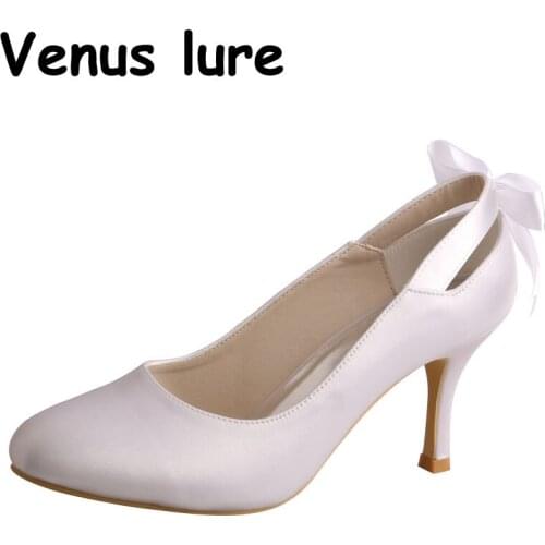 White Satin Wedding Shoes for Women Mid Heel Closed Toe Ladies Pumps