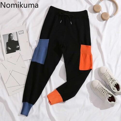 Nomikuma Knitted Hit Color Pockets Harem Pants 2020 New Safari Style Ankle Pants Causal Lace Up High Waist Women Trousers 6B611