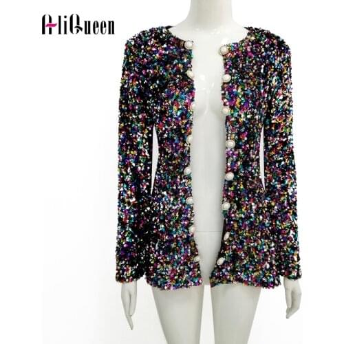 Women Mesh Multi Sequins Coats Shining Bodycon Jacket Female Slim Tops Outerwear Streetwear Ladies Fashion Bright Party Coat