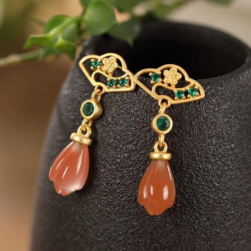 S925 Sterling Silver Earrings Magnolia Southern Red Agate Eardrops Natural Hetian Jade Retro Graceful Personality Womens Stud E