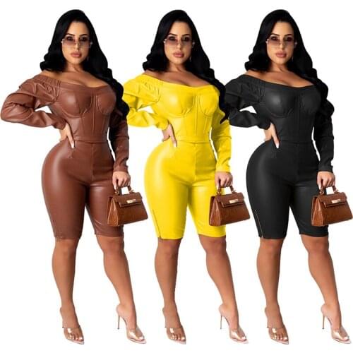 Echoine Women PU Leather Cutubly Jumpsuit Off Shoulder Long Sleeve Zipper Jumpsuit Fashion Sexy Party Club Shorts bodysuit