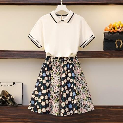 2021 New Fashion Summer Ladies Skirt Suit Womens Short Sleeved T-shirt + High Waist Flower print Short A-line Skirt Two Pieces