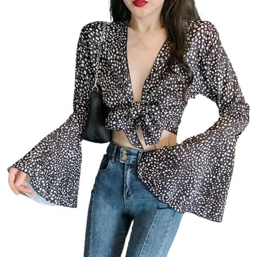Sexy Women Tops Summer Long Flare Sleeve Dots Print Open Front Chest Knot T-shirt Summer Streetwear блузка женская 2021