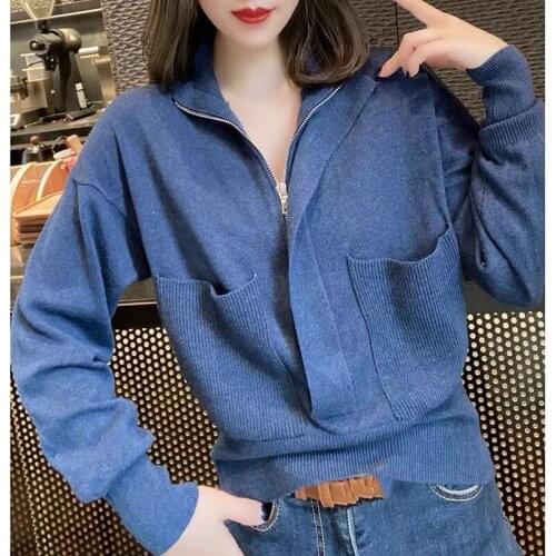 Women 2021 Spring New Zipper Stand Collar Jumpers Female Solid Color Sweater Tops Ladies Long Sleeve Knitted Pullover Tops P391