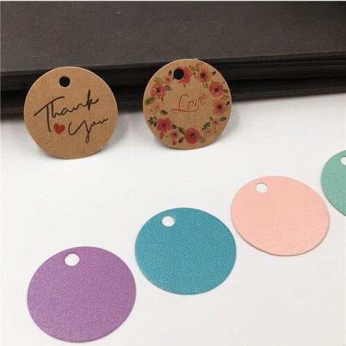 100Pcs/Lot Round Shaped Hanging Kraft Paper Tags Label Note Price Cardboard Creative Printed Flower Made With Love Pattern Tags