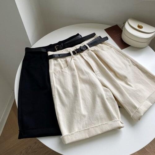 2020 Summer Cotton High Waist Black Wide Leg Women Casual Midi Shorts With Belt Pantalones Feminino