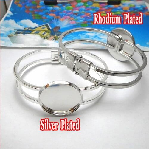 2pcs 65*60mm Wholesale-Min ,Silver Plated/Rhodium Plated Bracelets&Bangles with inner 25mm Bezel Setting Tray for Cabochons