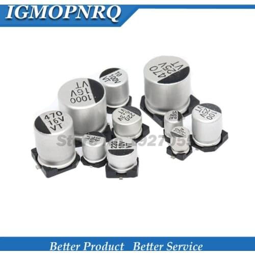 10pcs SMD 6.3V 10V 16V 25V 35V 50V Aluminum Electrolytic Capacitor 1UF 2.2UF 10UF 22UF 33UF 47UF 100UF 220UF 330UF 470UF 1000UF