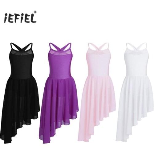 Kids Girls Mesh Splice Ballet Dress Ballerina Stage Dancewear Irregular Hem Ballet Costume Gymnastics Leotard Latin Dance Dress