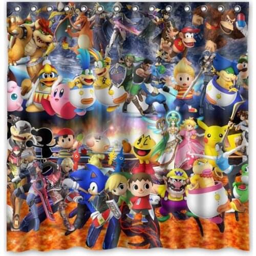 Eco-friendly Mildewproof Bathtub Shower Curtain With 12 Hooks 71*71 inch Custom Super Smash Bros Waterproof Bath Curtain