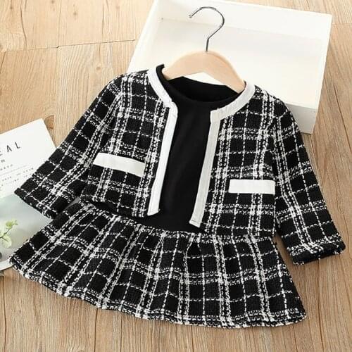 Princess Baby Dress Set New Fashion long -Sleeve Sweater Cardigan + Plaid Printed Dress Autumn Baby Clothes 2-Piece