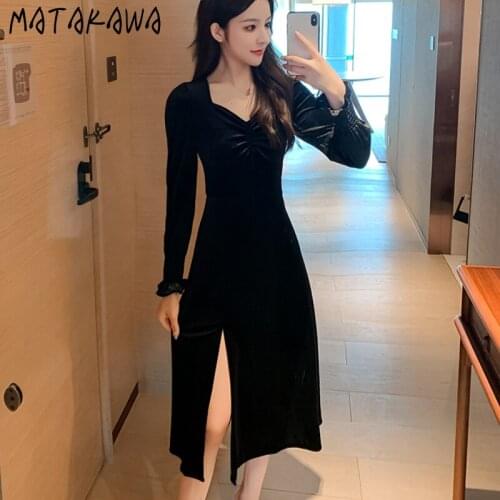 Matakawa Velet Dresses for Women French Vintage Square Collar Pleated High Waist Slim Elegant Dress Black Split Vestidos Robe