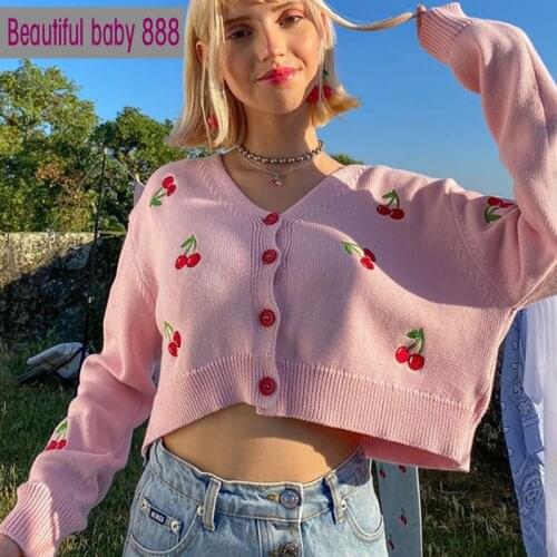 Meqeiss Sweet cute cherry embroidery Sweater for women Chic Knitted tops Cardigan fall winter casual wear graphic Sweater female