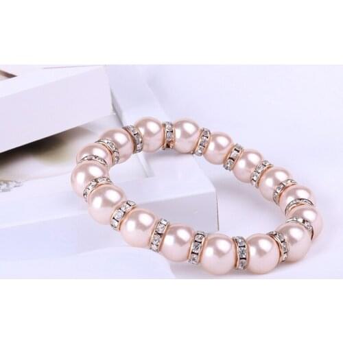 Fashion Imitation Pearl Pink Bracelet For Women Inlaid Crystal Glass Circle Decoration Simple High Elastic Bracelet Ornaments