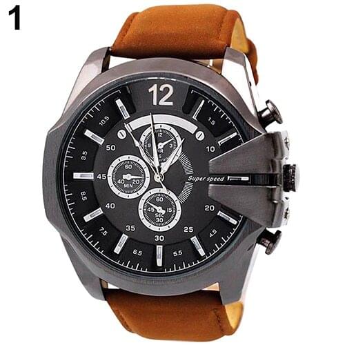 Men Big Dial Faux Leather Band Stainless Steel Analog Quartz Sports Watch Sale 4VOH