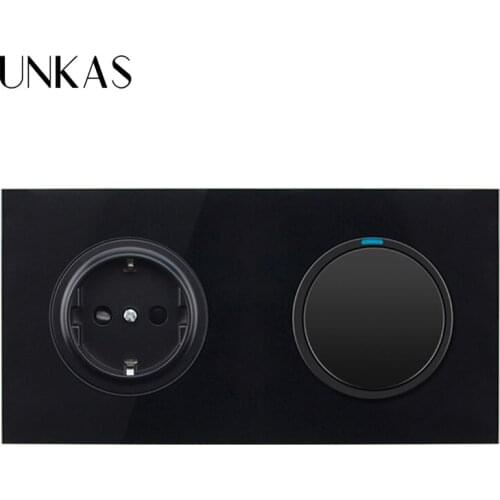 UNKAS 1 Gang 1 Way Pass Through On / Off Light Switch Black Crystal Glass Panel 16A EU Standard Wall Power Socket
