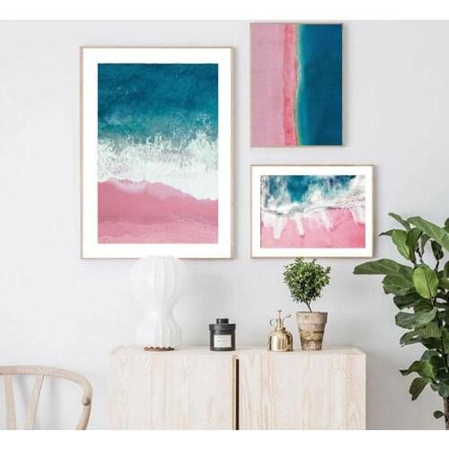 Nordic Posters and Prints Pink Beach Seascape Canvas Painting Decorative Pictures for Living Room Bedroom Home Mural Wall Art