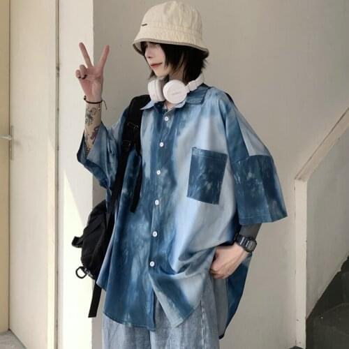 Oversized Tie Dye Short Sleeve Shirts for Girl 2021 Summer Fashion Gothic Clothing Womens Button Down Blouse Harajuku Streetwear