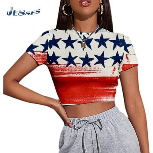 Sexy Ultra Short Top 2021 American Independence Day Streetwear Round Neck Tight Top Lady Short-sleeve Summer T-shirts For Female