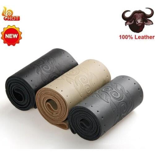 Hand Stitched Genuine Leather Car Steering Wheel Cover Braid On Steering-Wheel with Needles and Thread 38cm Diameter for Auto