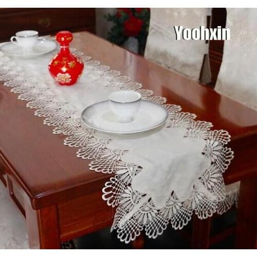 Luxury white lace satin embroidery table runner flag cloth cover nappe Christmas mantel tea tablecloth placemat wedding decor