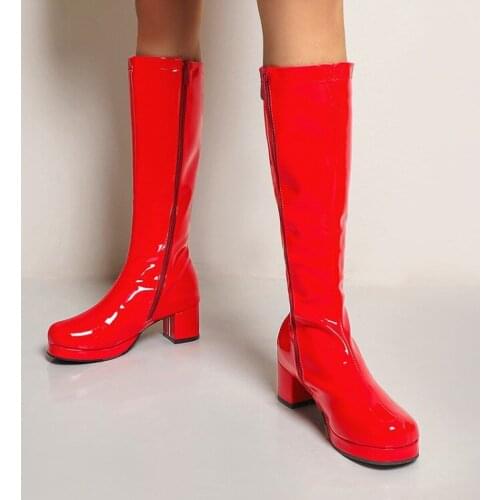 European and American high-heeled knee high boots womens autumn and winter large high-rise thick heel knee length boots
