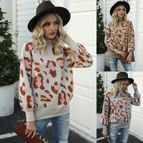 Sweaters For Women Pullover 2021 Turtleneck New Knit Sweater Lantern Sleeve Leopard Sweater Women Winter Clothes MMY120147