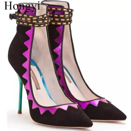 Hongyi Women nice Scalloped applique multicolor high cut dress shoes pointed toe high heel buckle fastening ankle strap pumps