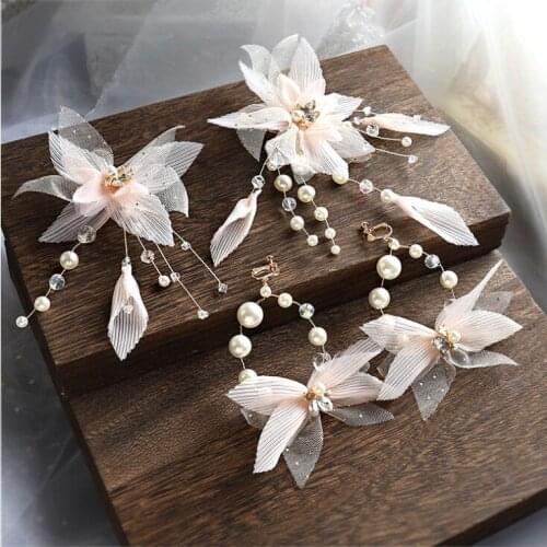 Women girls Hair Decoration Bridal Head Flower pink Color FlowerHairpin Rhinestone Wedding Headdress Hair Clip with earrings